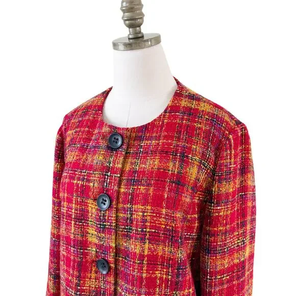Vintage 90s N Touch Red Plaid Tweed Blazer/Top Women's M/L Button Up Crew Neck - Picture 2 of 6